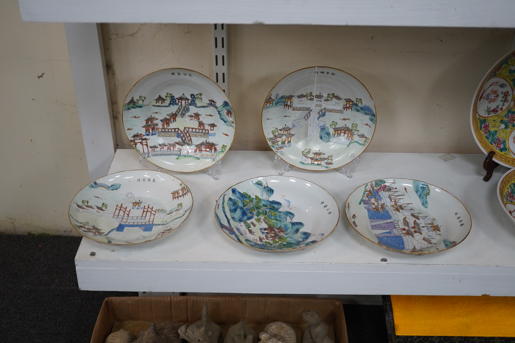 A set of five Chinese enamelled porcelain ‘pavilion’ dishes, Daoguang mark and period (1821-50)